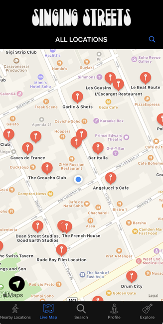 A screenshot from the Singing Streets London walking app showing a map of Soho with pins