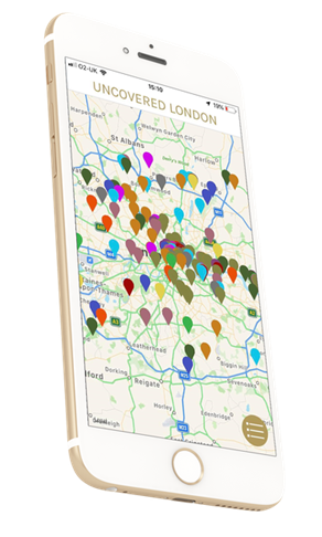 An image of an iPhone with the Uncovered London app open showing a zoomed out map of London with colourful pins